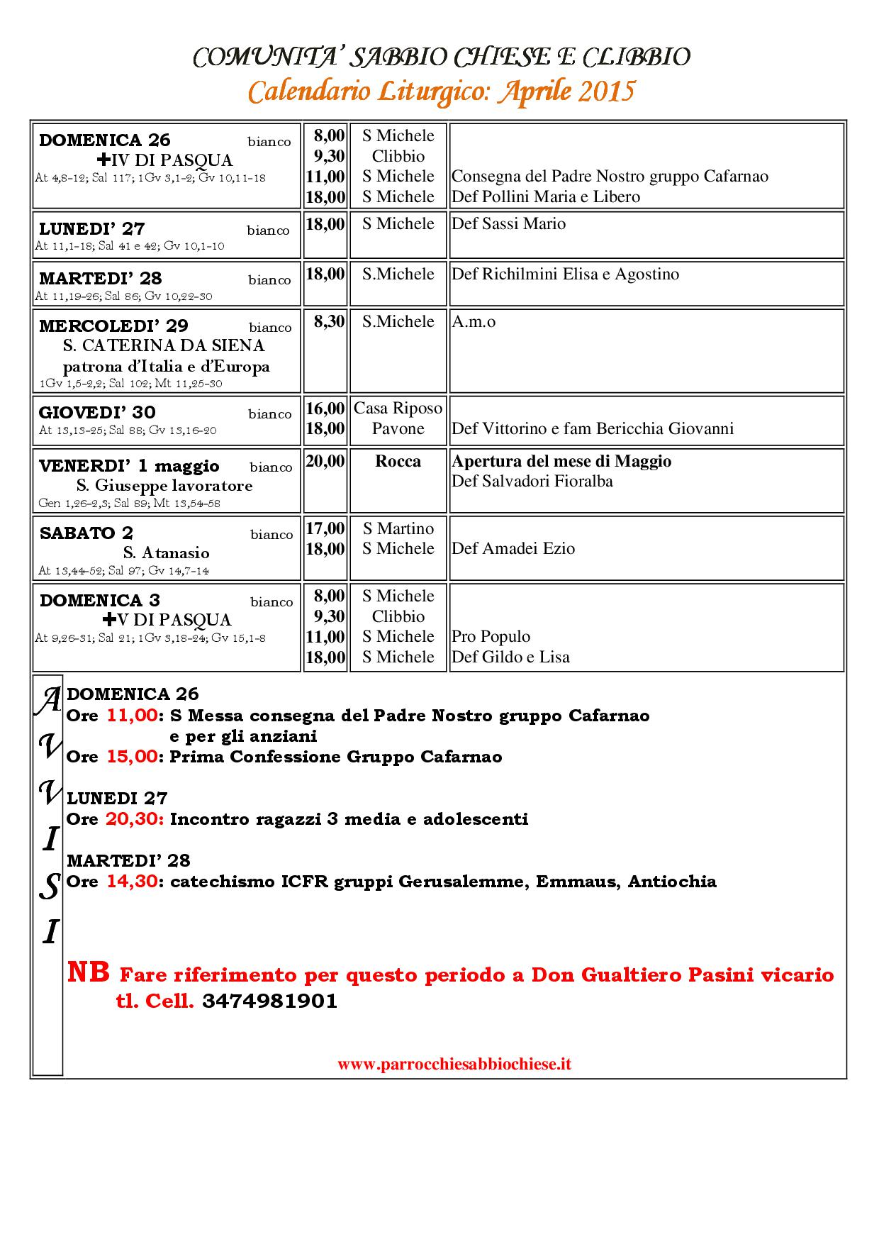 Programma IV Settimana di Pasqua - anno B