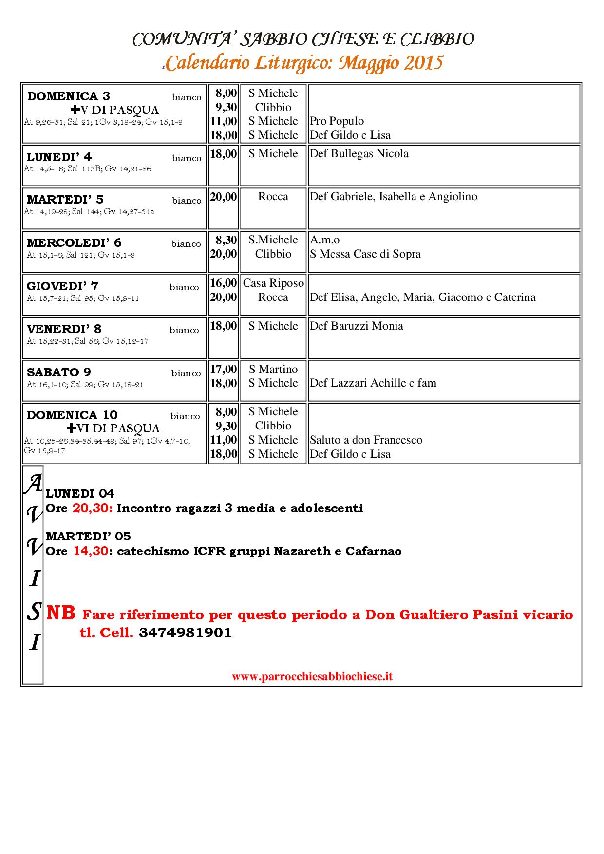 Programma V Settimana di Pasqua - anno B