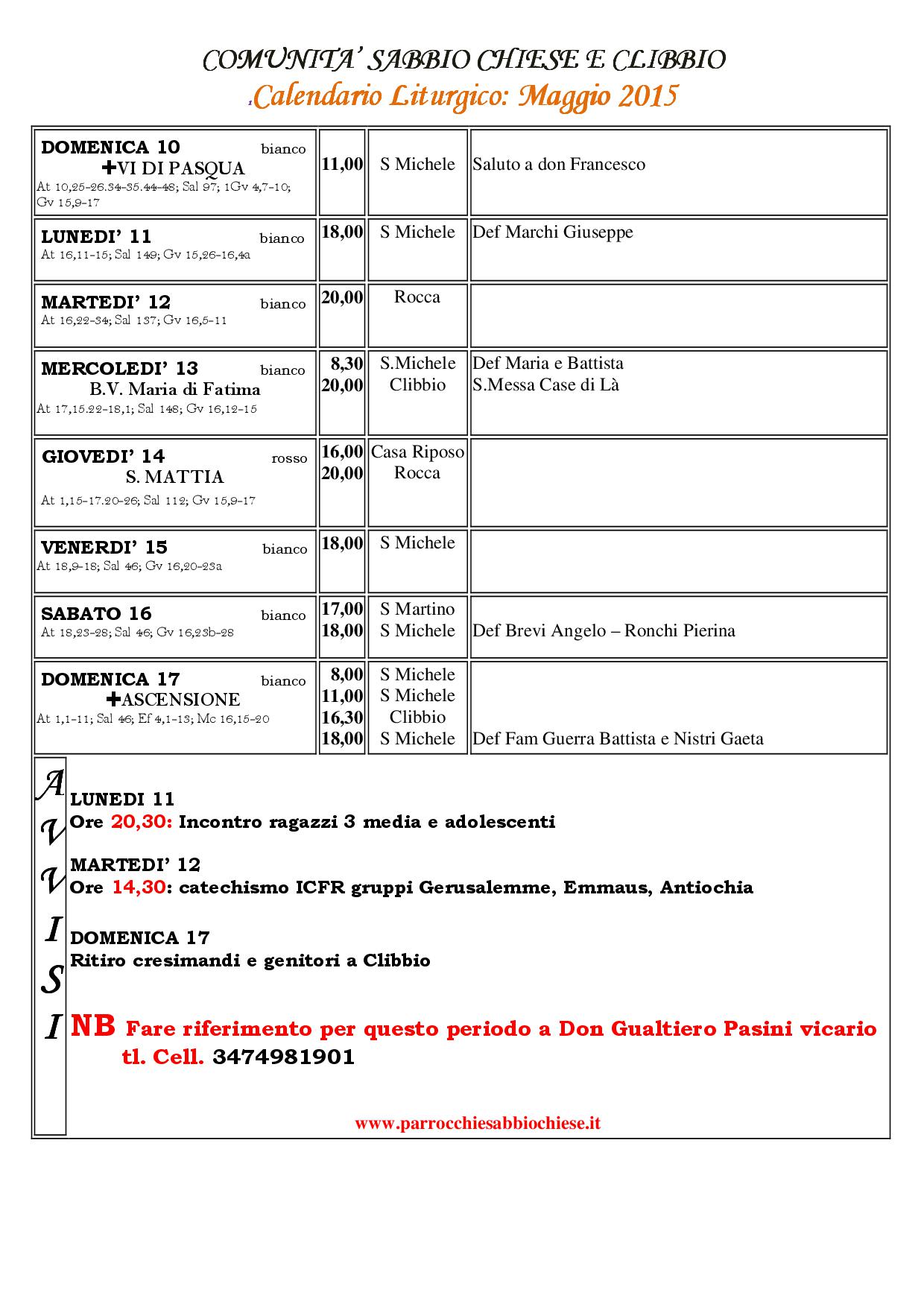 Programma VI settimana di Pasqua - anno B